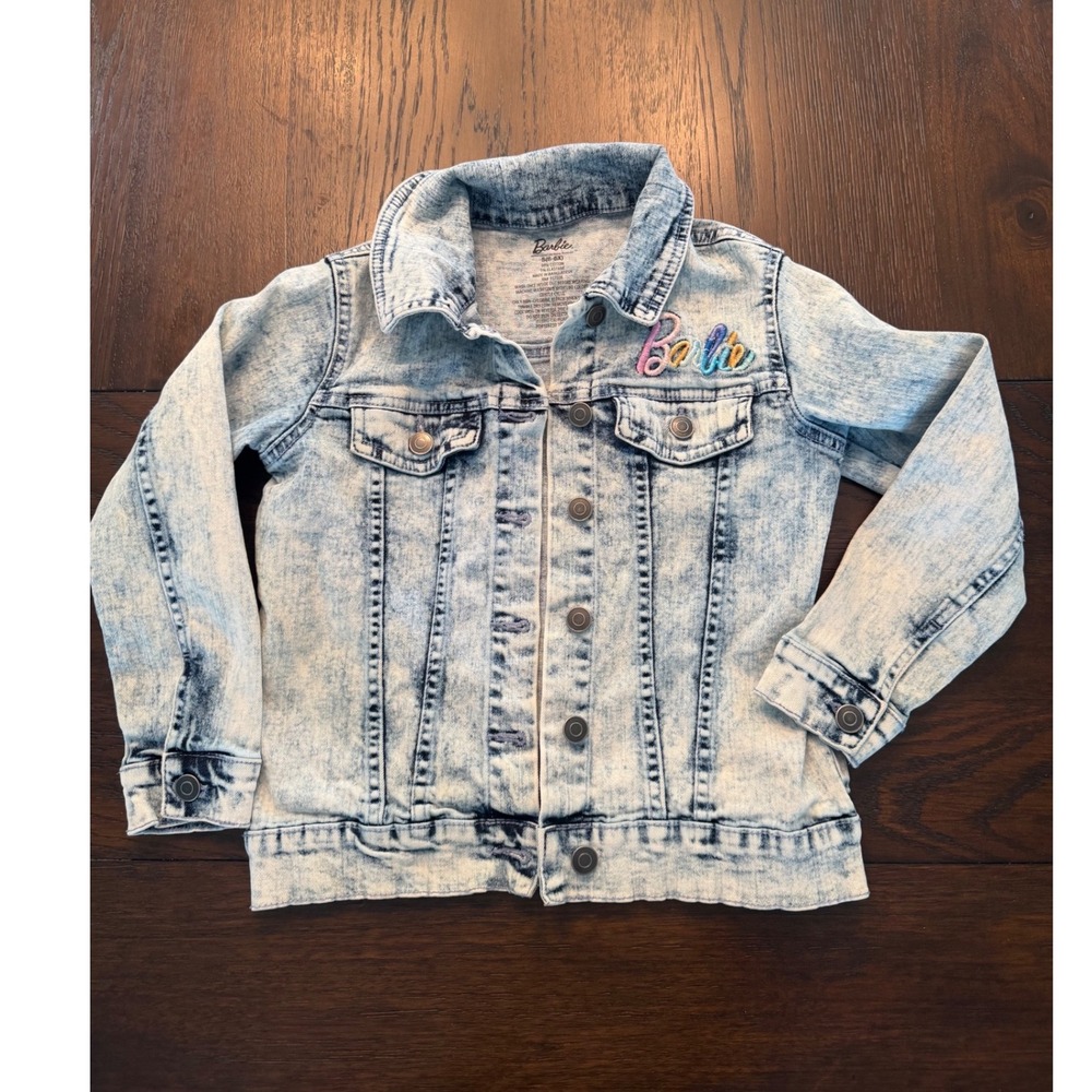 Barbie Girls Acid Wash Denim Jacket Rainbow Logo Holographic Back Graphic S 6-6X
